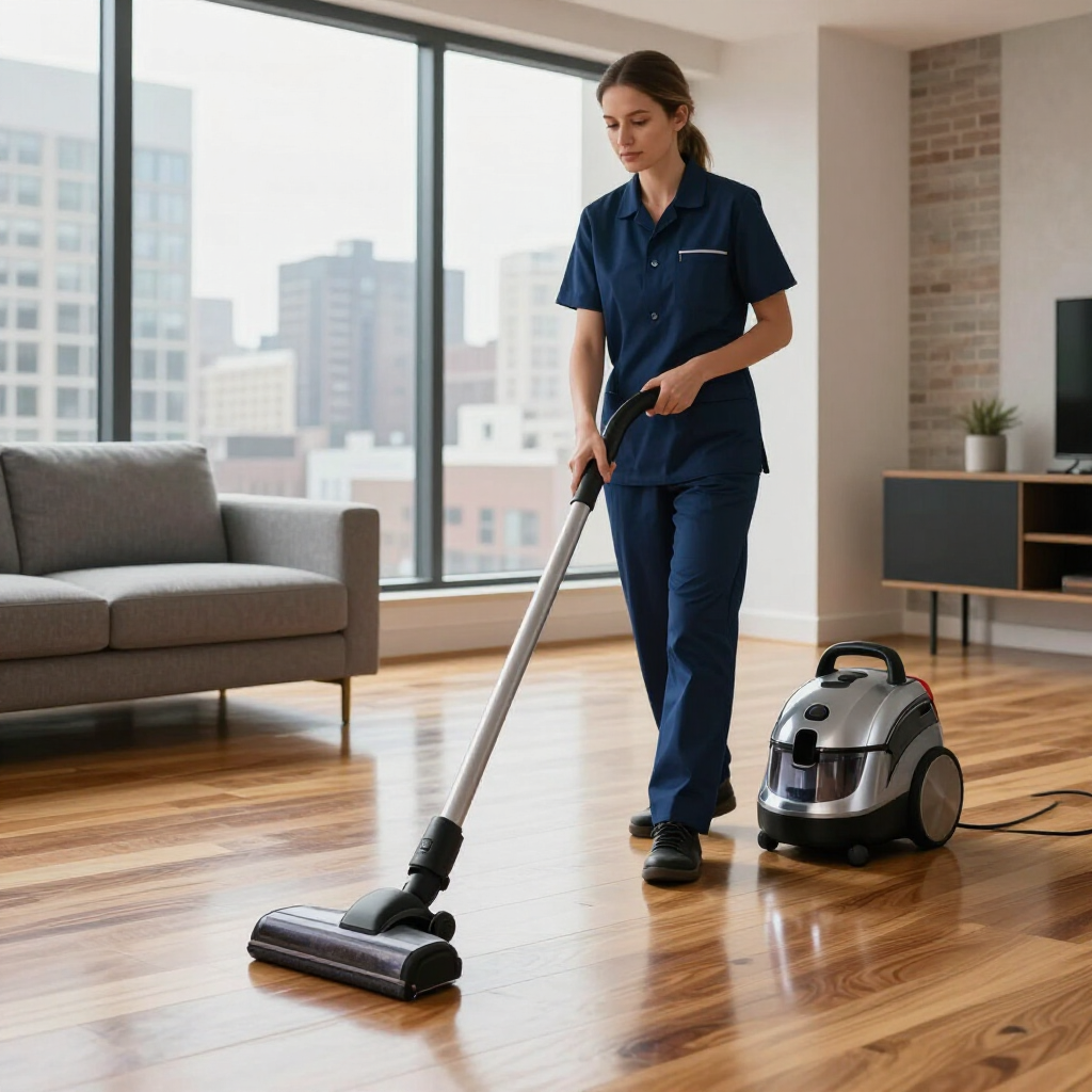 Person vacuuming a hardwood floor in a bright living room with large windows