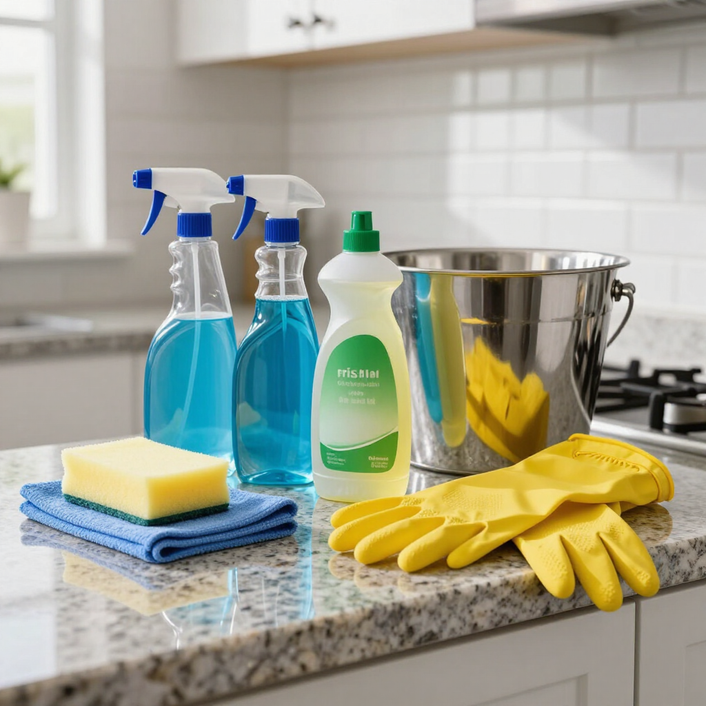 Cleaning supplies on a kitchen counter: sprays, sponge, cloths, gloves, and a metal bucket.