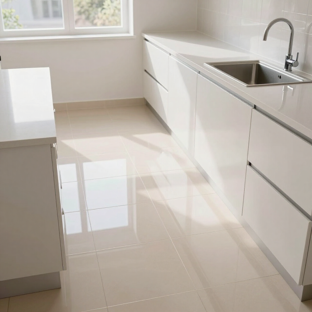 Bright modern white kitchen with glossy floor, sink, cabinets, and a window letting in sunlight.