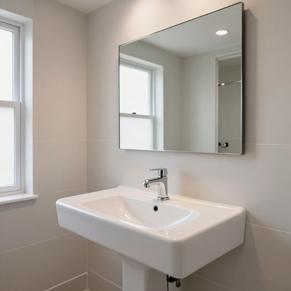 Modern bathroom sink with wall mirror, white fixtures, and window light