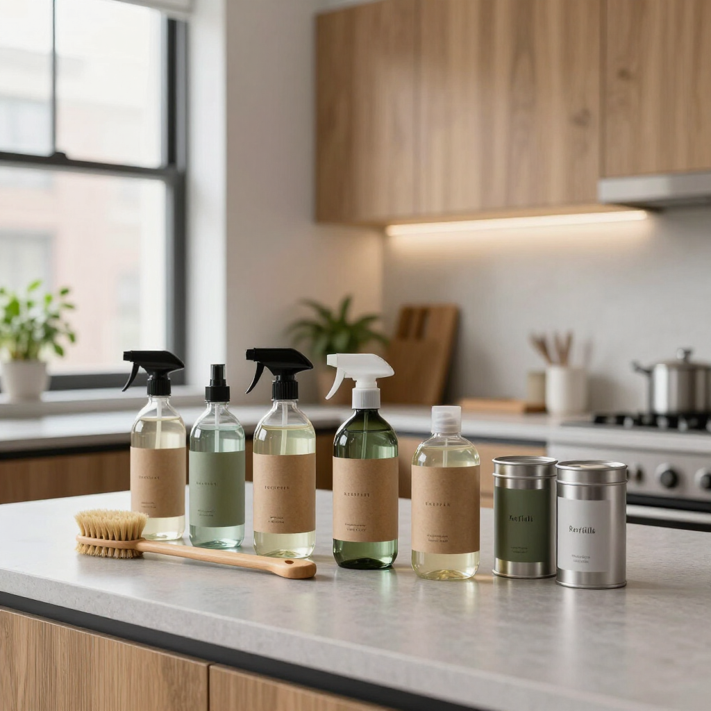 Cleaning products and soap bottles lined up on a kitchen countertop by a window