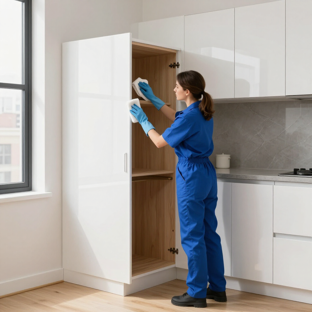 Person in blue workwear cleaning a white kitchen cabinet with gloves on.