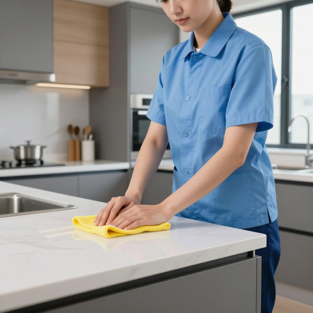 Person wiping a white kitchen countertop with a yellow cloth in a modern kitchen