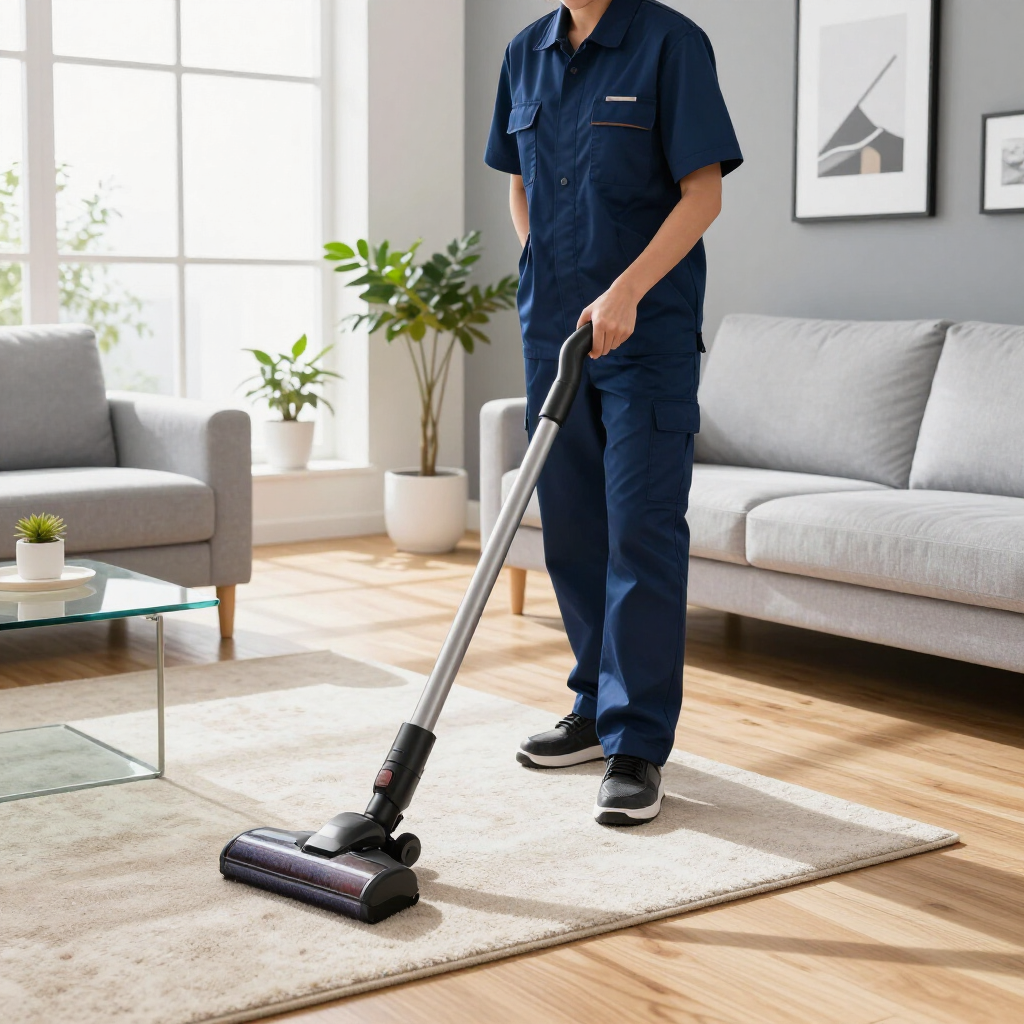 Person vacuuming a beige rug in a bright living room with a cordless stick vacuum