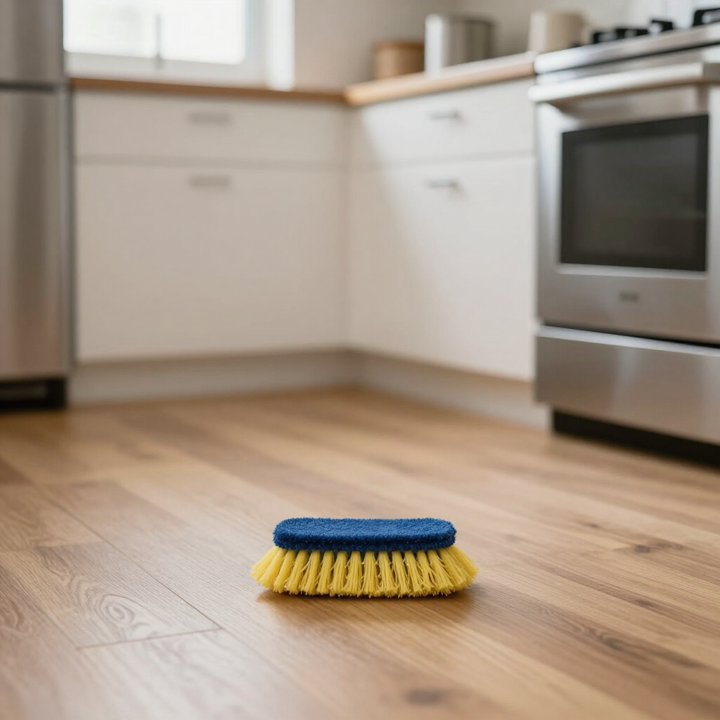 A blue and yellow scrub brush on a wooden kitchen floor in front of white cabinets and an oven