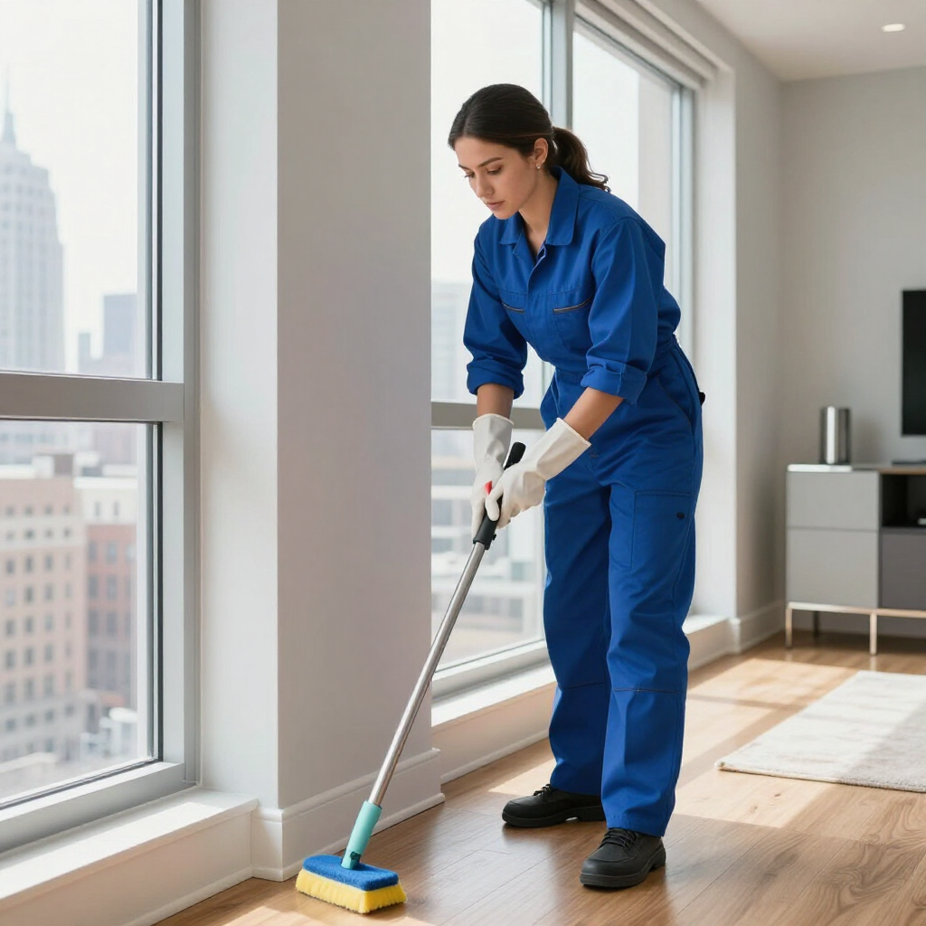 Person mopping a bright apartment floor by large windows