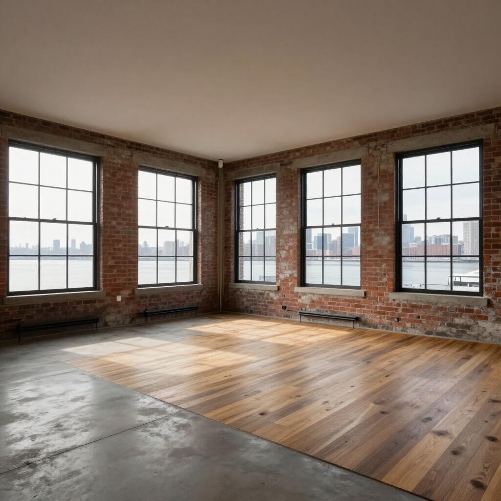 Empty loft room with exposed brick walls, large windows, and a wood floor