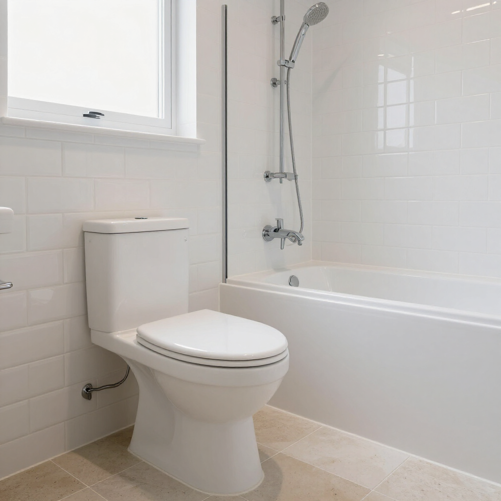 Bright white bathroom with toilet beside a bathtub and shower, beige tile floor, and window light.