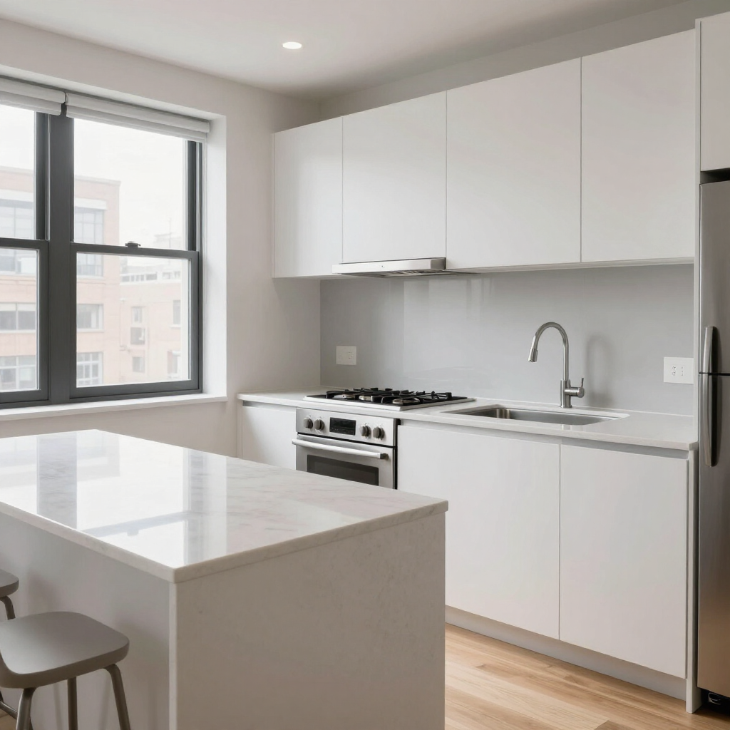 Modern white kitchen with island, stove, sink, and large window over light wood floors