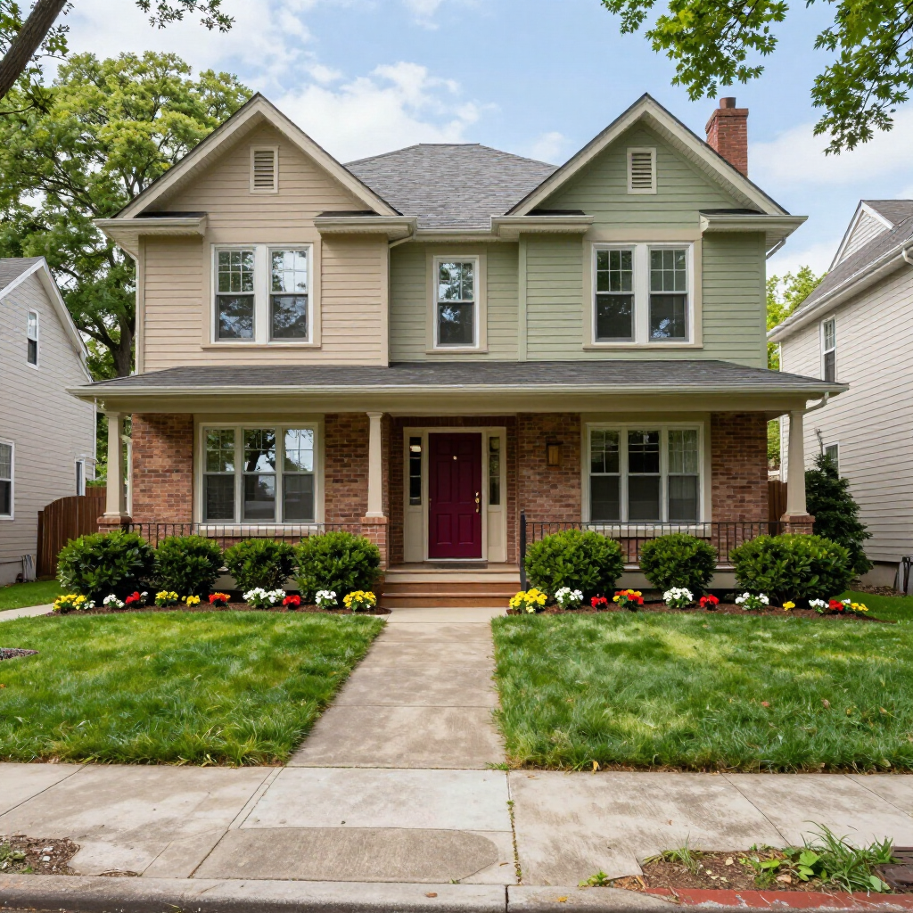Two-story house with beige siding, red front door, brick accents, and a manicured lawn.