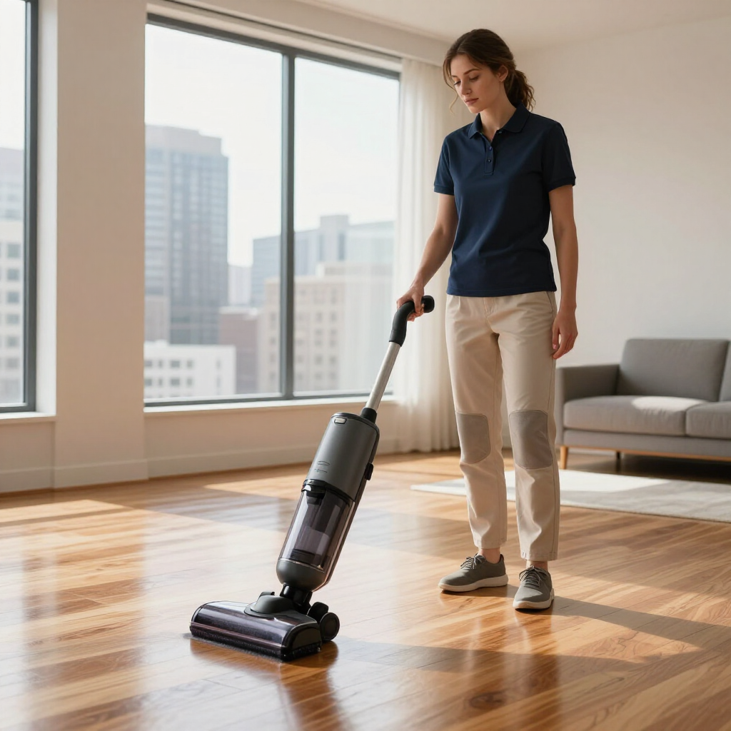 Person vacuuming a sunlit hardwood floor in a modern living room