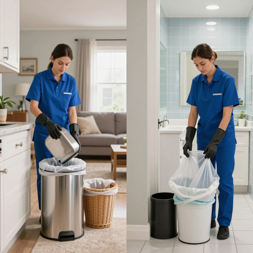 A cleaner in blue uniform empties trash into a trash can in a kitchen and hallway.