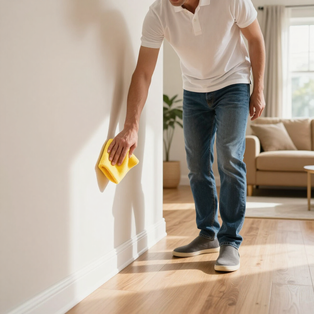 Person cleaning a white wall with a yellow cloth in a sunlit living room