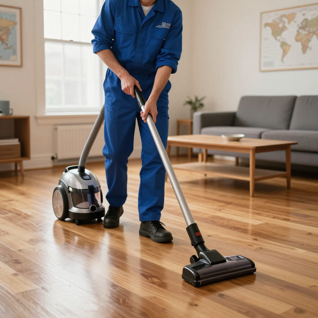 Person cleaning a wooden floor with a vacuum in a bright living room