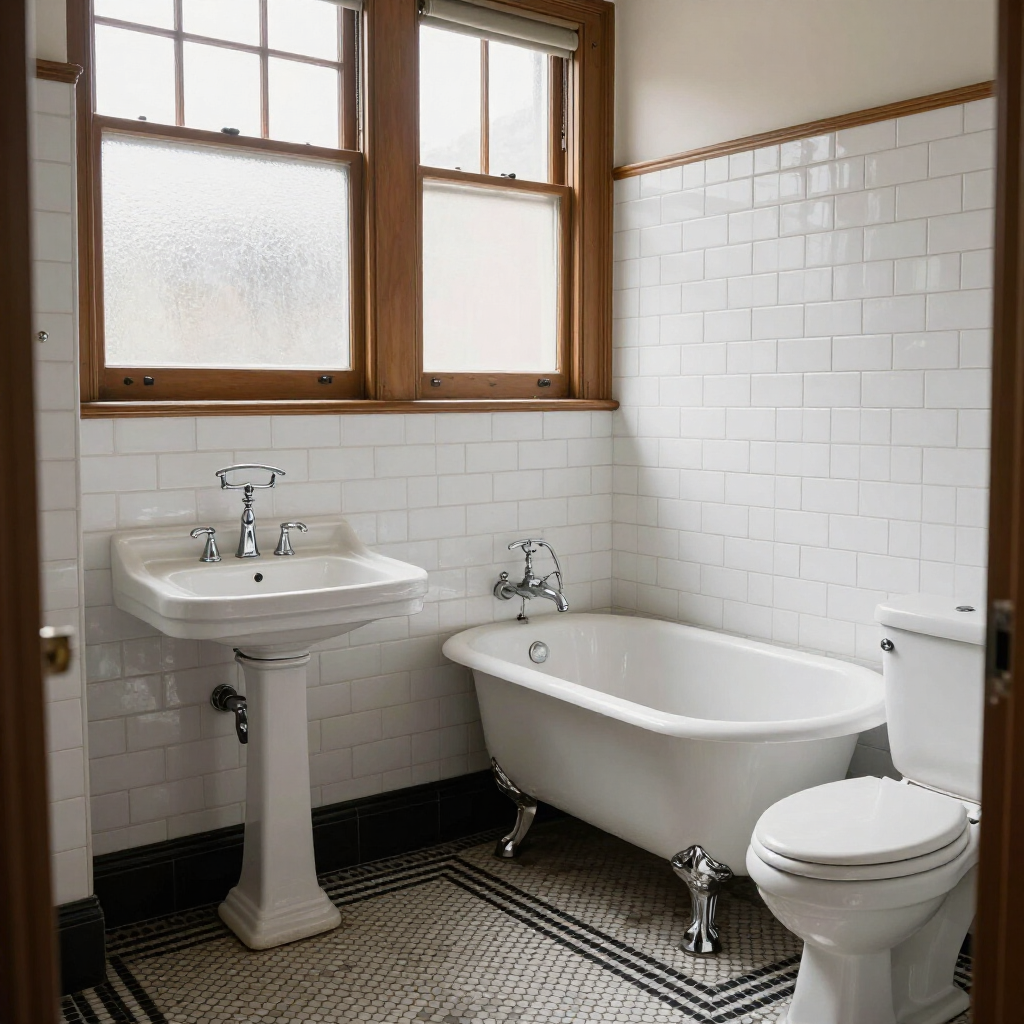 Small white-tiled bathroom with pedestal sink, clawfoot tub, toilet, and frosted window.