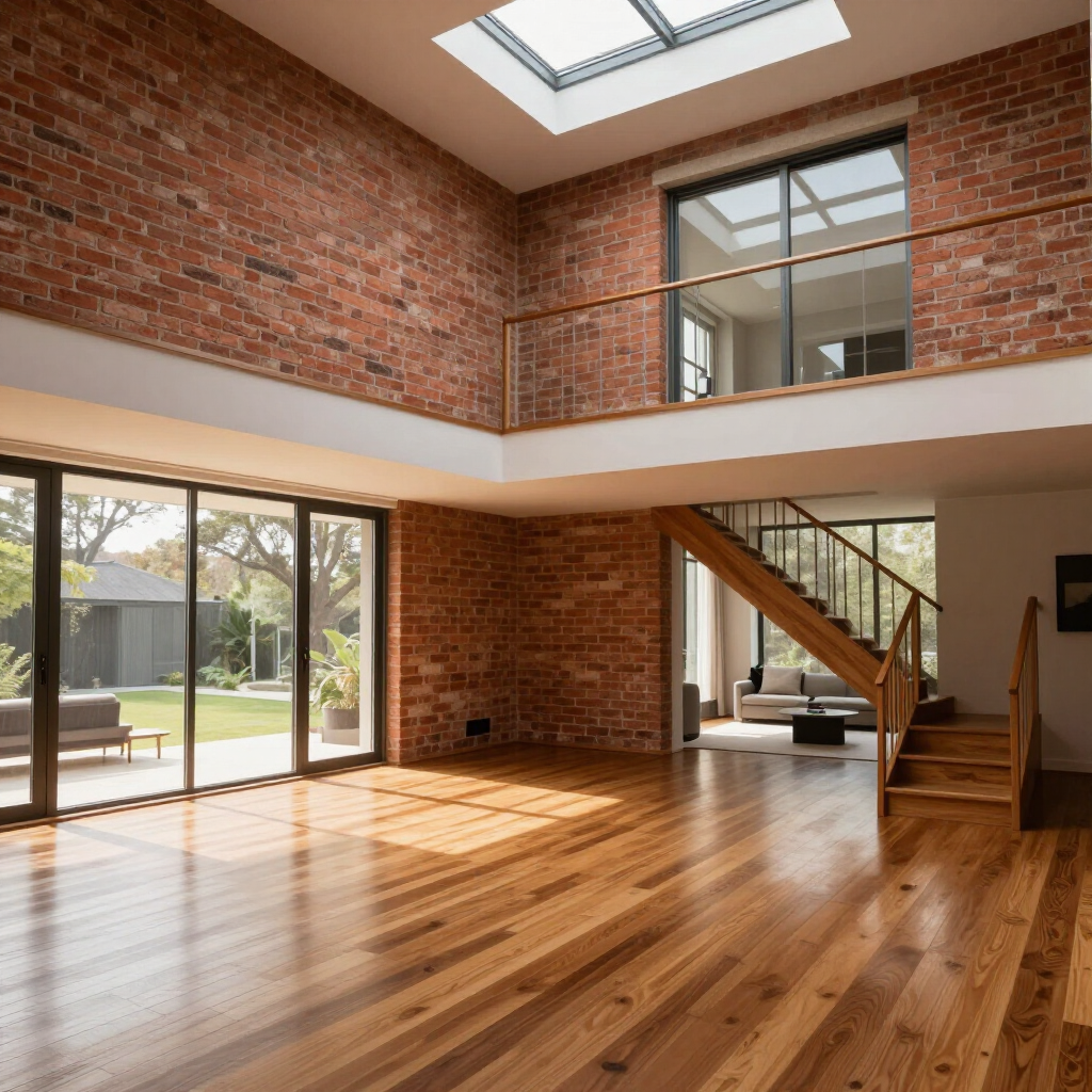 Bright modern loft with wood floors, brick walls, skylights, and a staircase leading to an upper balcony.