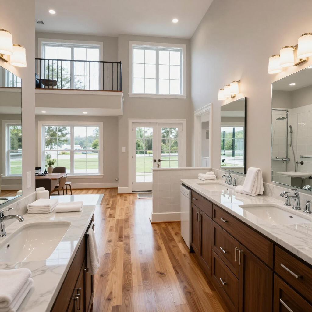 Bright modern bathroom with double sinks, wood cabinets, large windows, and glass shower