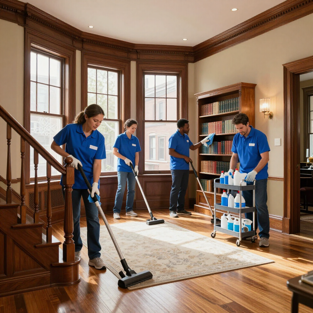 Cleaners in blue uniforms mopping and vacuuming a wood-paneled room with large windows