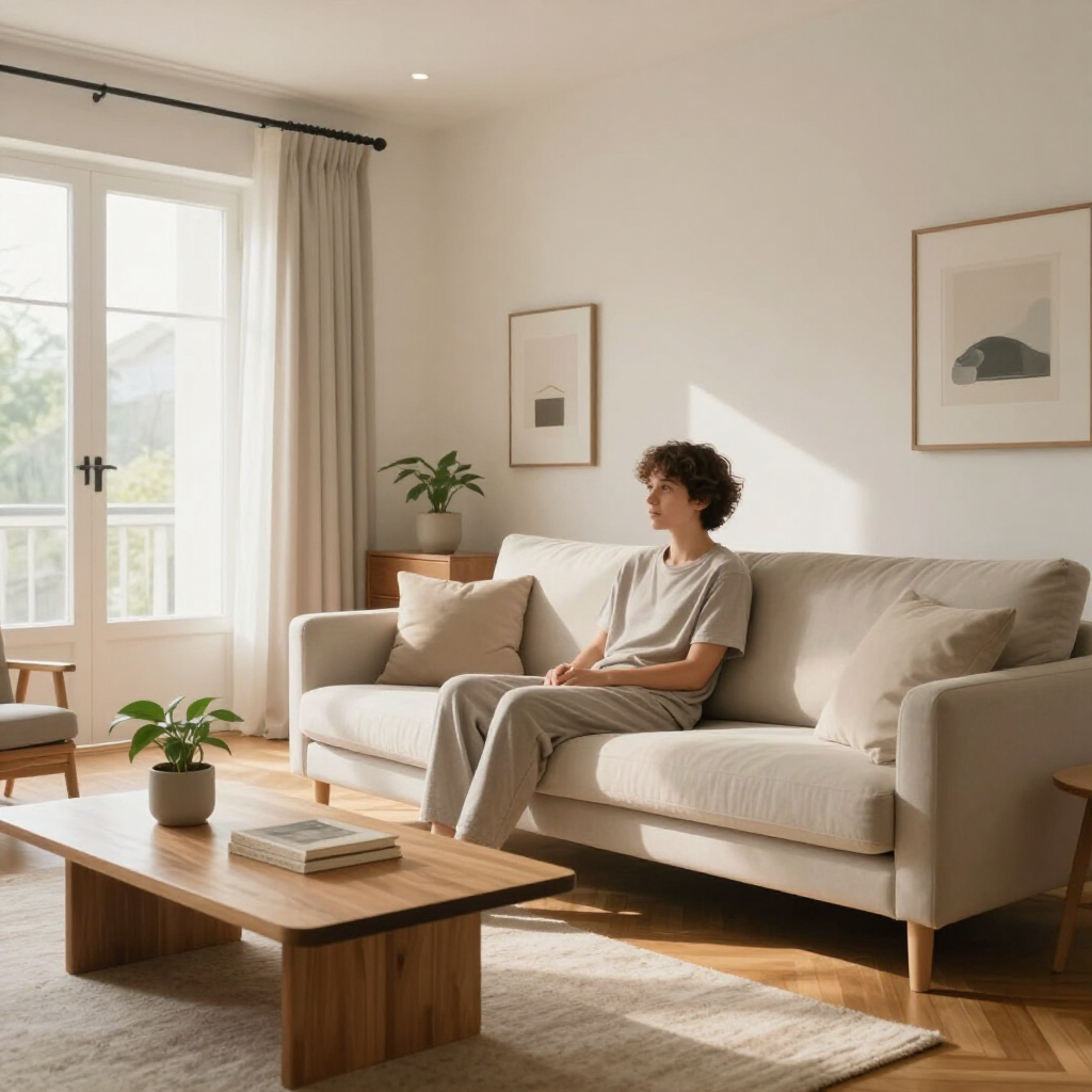 Person sitting on a beige sofa in a sunlit living room with a wooden coffee table and potted plant.