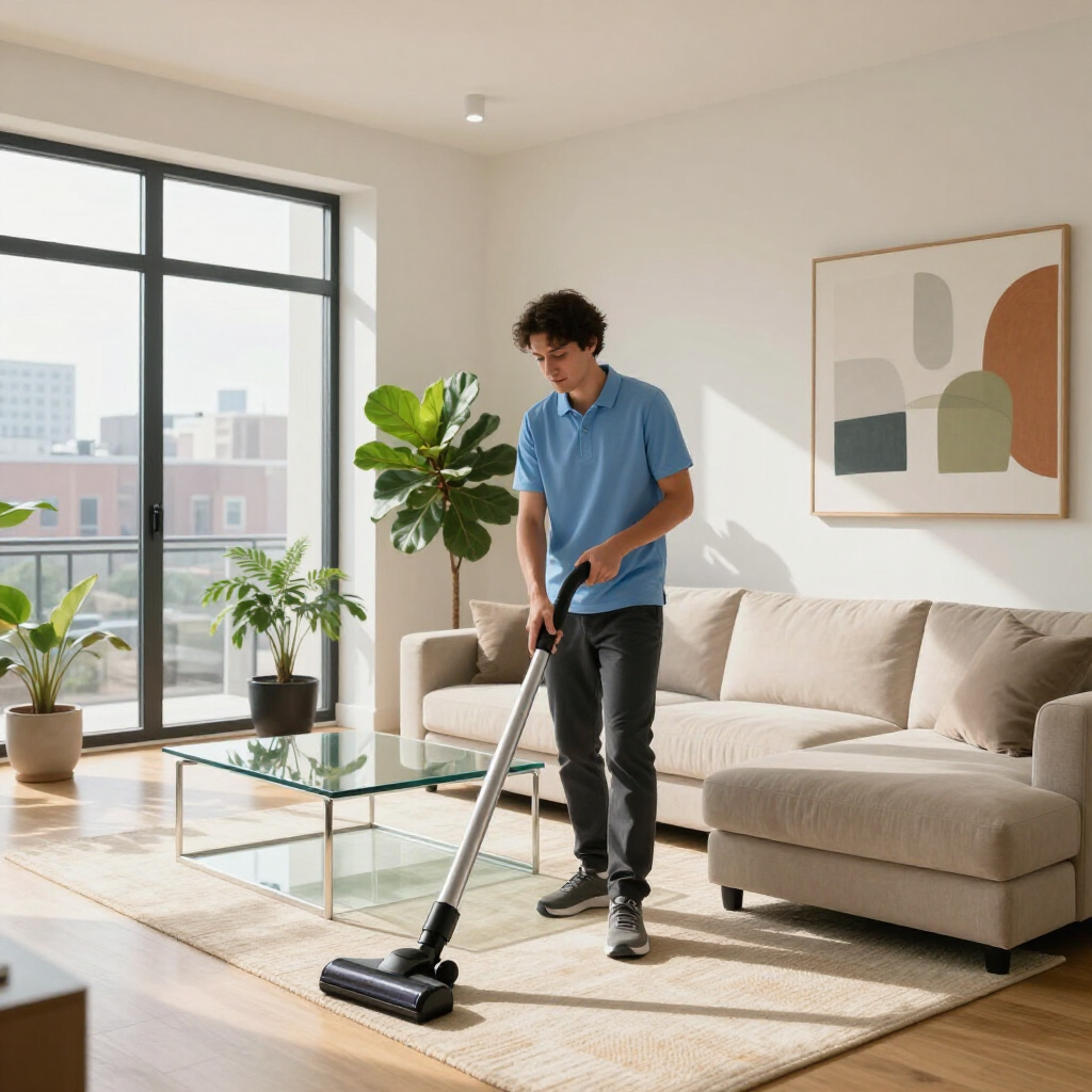 Person vacuuming a bright living room with a beige sofa, glass coffee table, and large window.