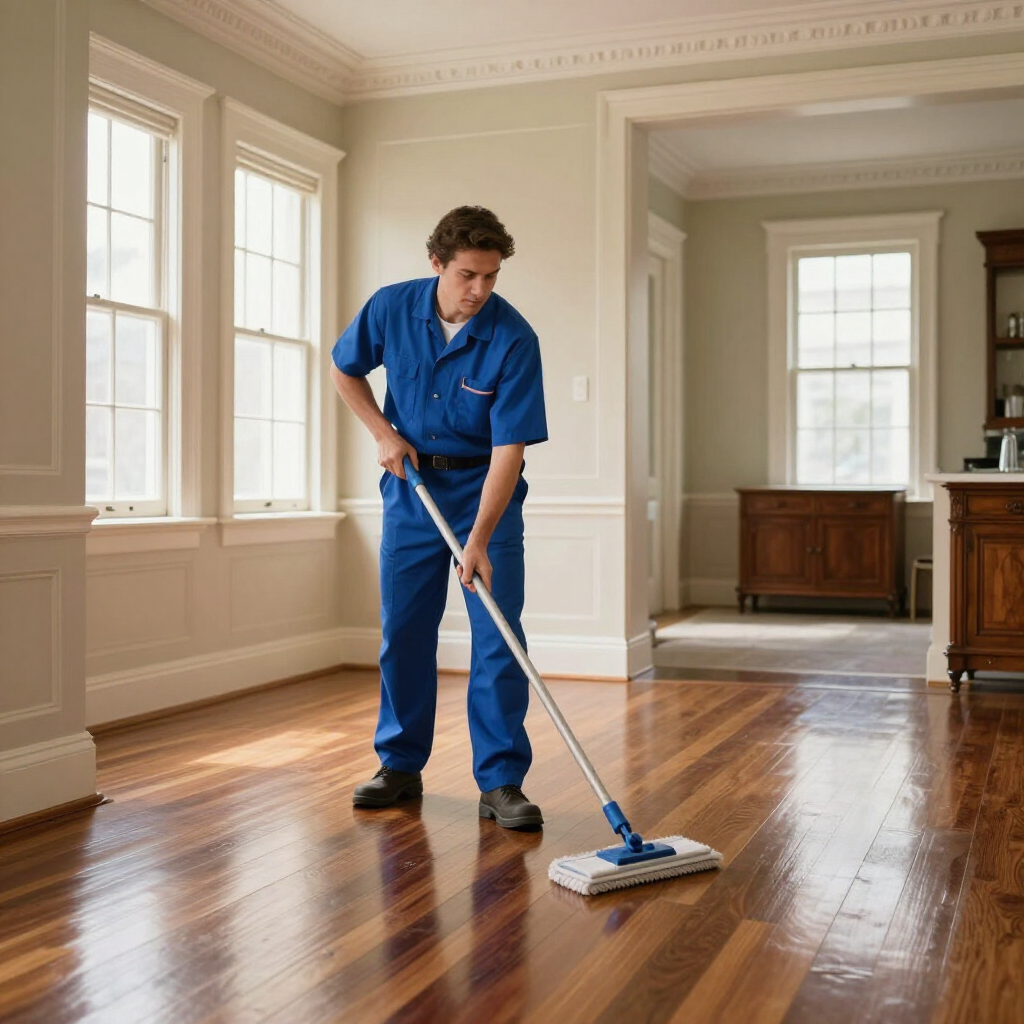 Custodian mopping a glossy wood floor in a bright empty room