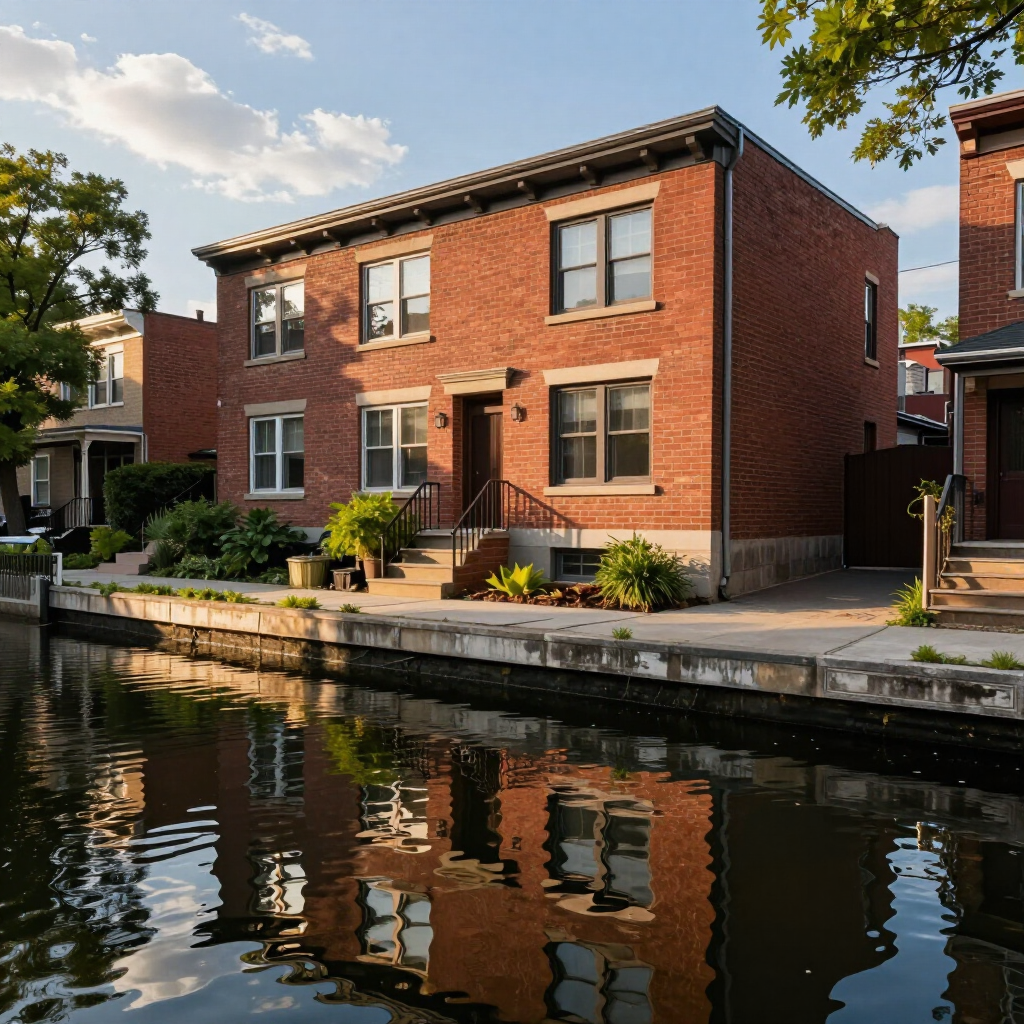 Brick duplex homes along a canal, with warm sunlight reflecting in the water.