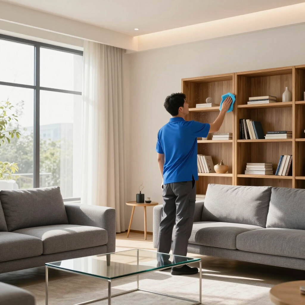 Person in blue shirt reaching for a book on a wooden shelf in a bright living room