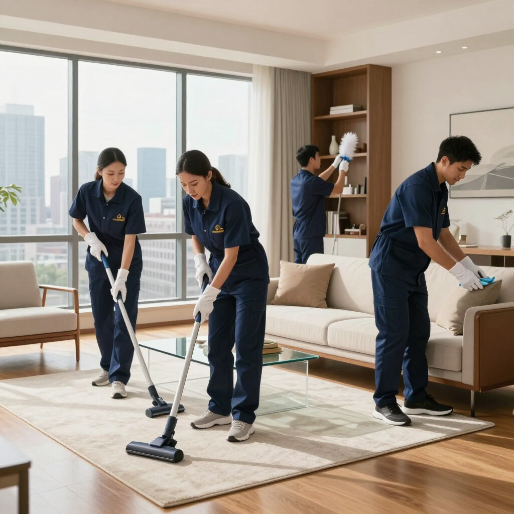 Cleaning crew vacuuming a bright living room with city view, sofas, and large windows