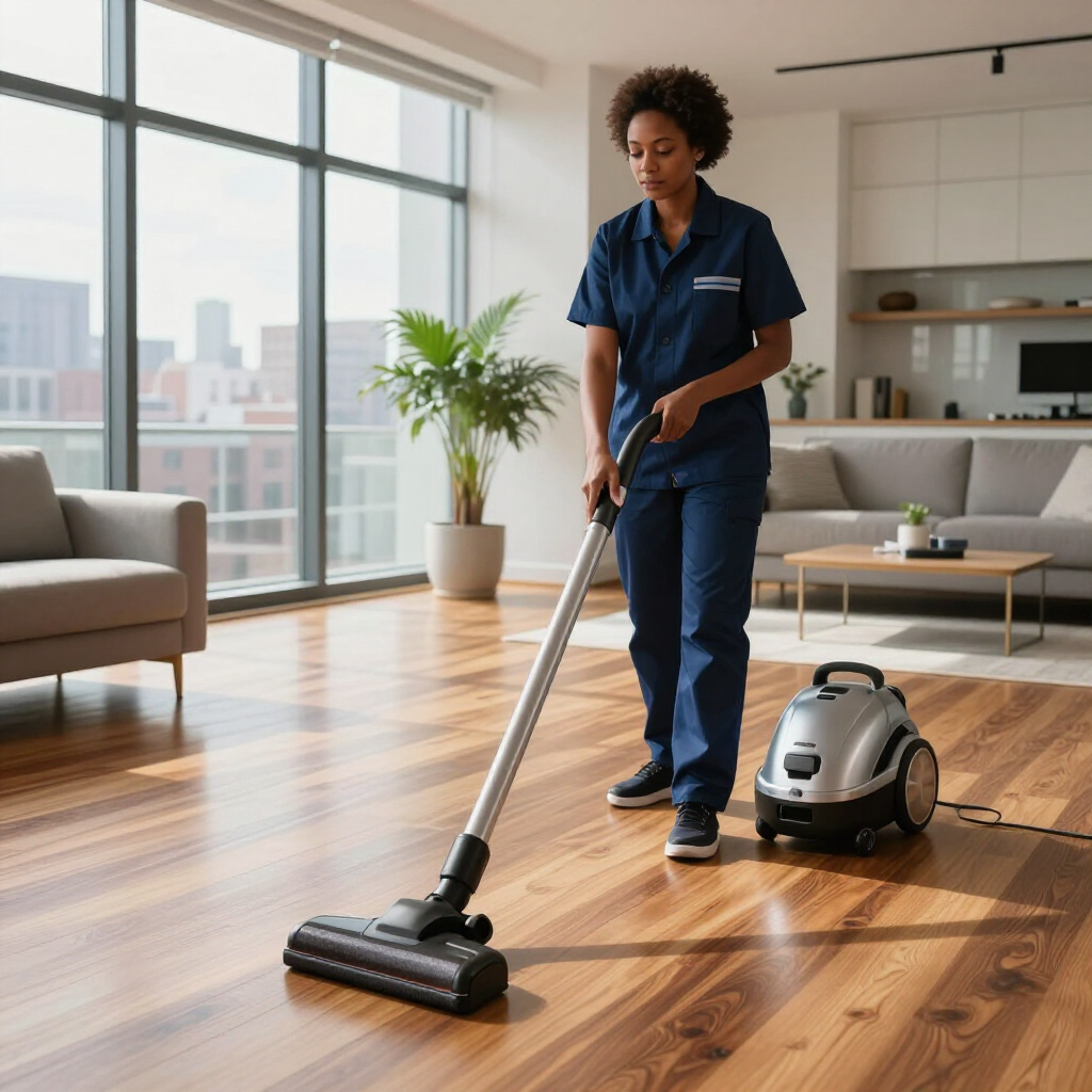 Cleaner vacuuming a bright modern living room with hardwood floors and large windows