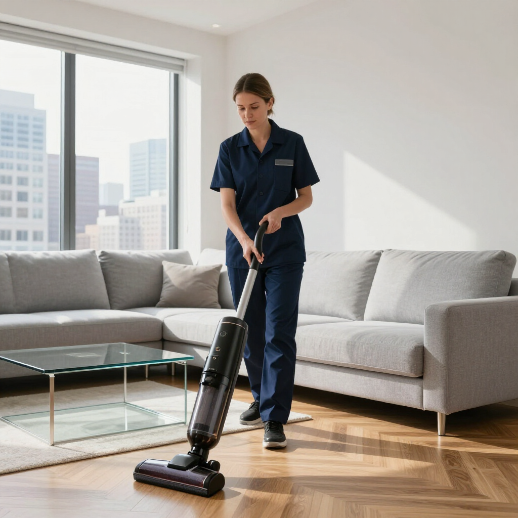 Person vacuuming a bright living room with a black upright vacuum near a gray sofa