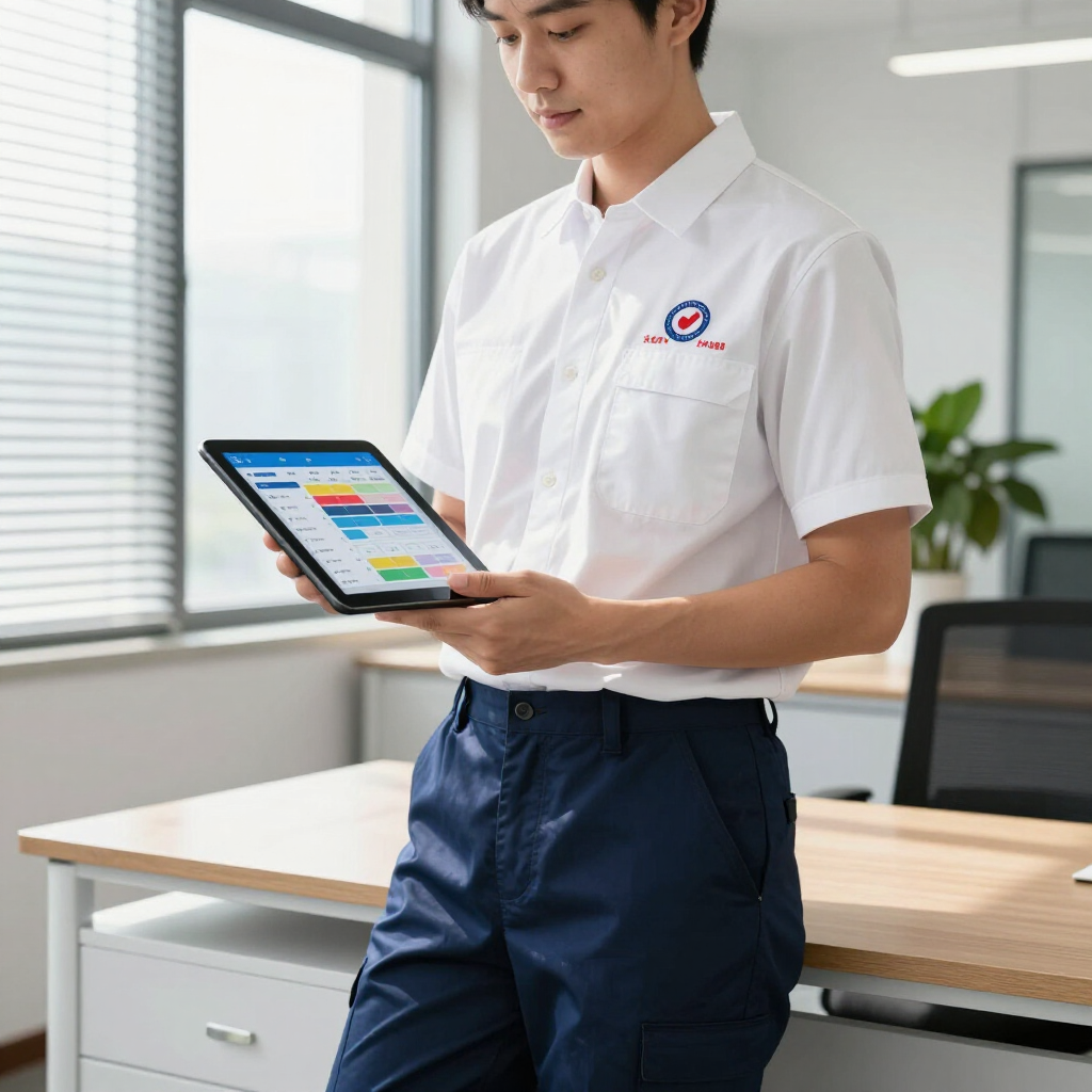 Man holding a tablet in a bright office, standing beside a desk and reading the screen.