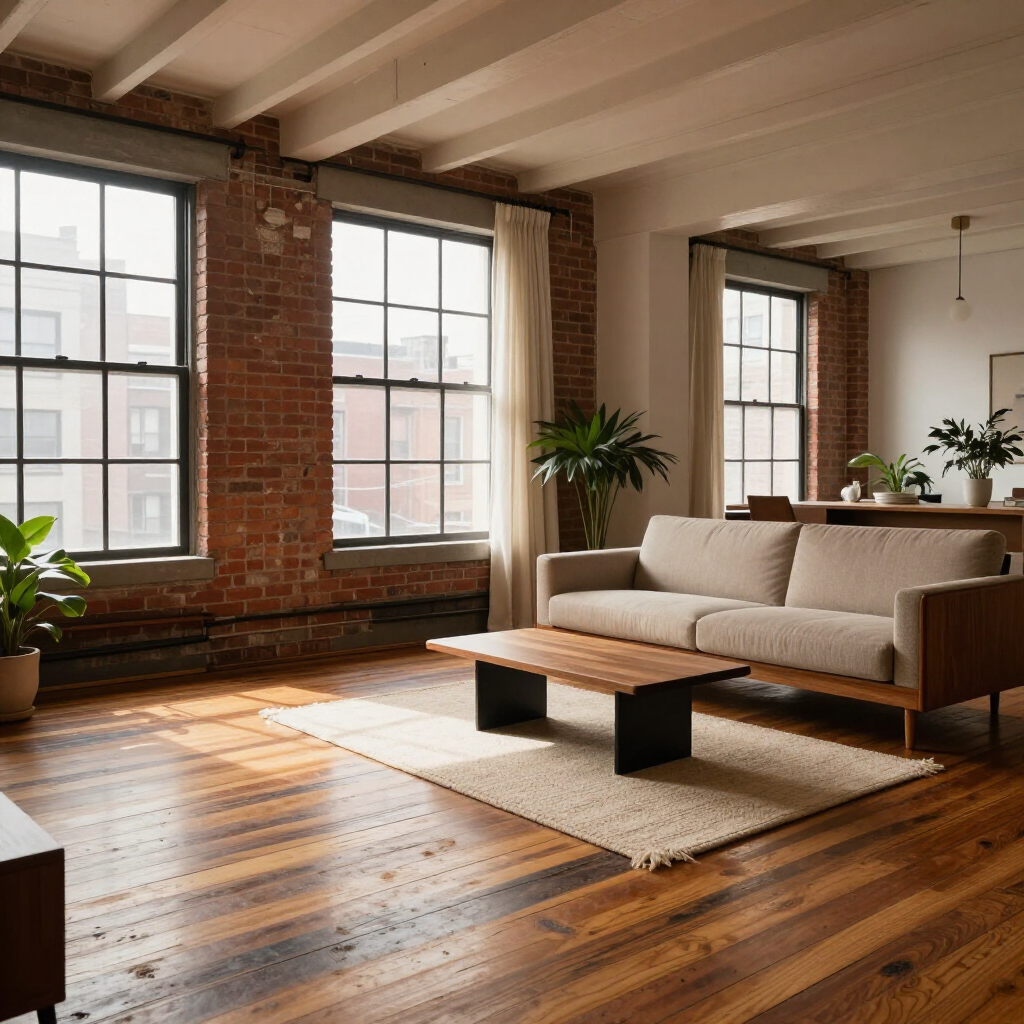 Sunlit loft living room with brick walls, large windows, beige sofa, and wooden coffee table