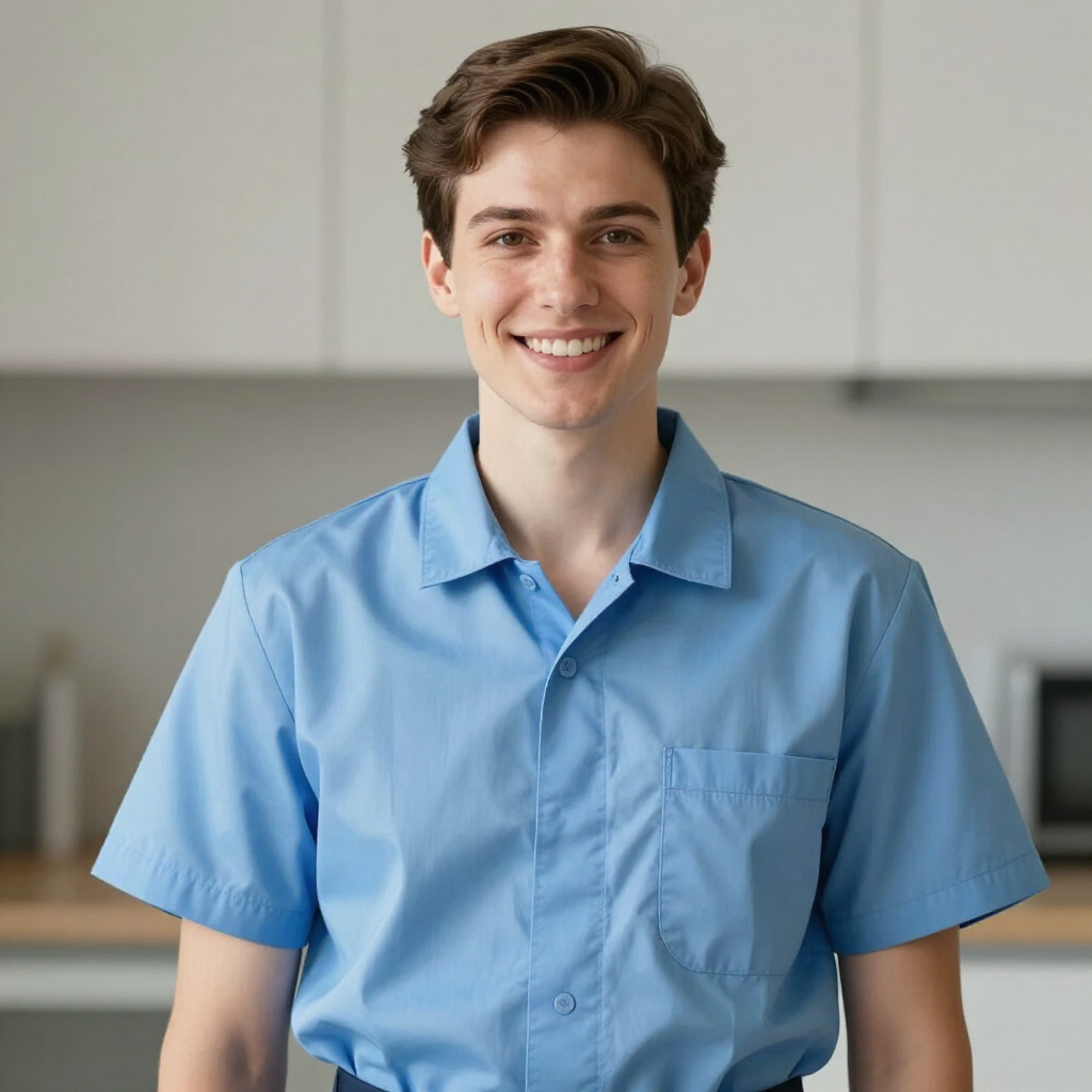 Smiling person in a light blue collared shirt standing in a bright kitchen