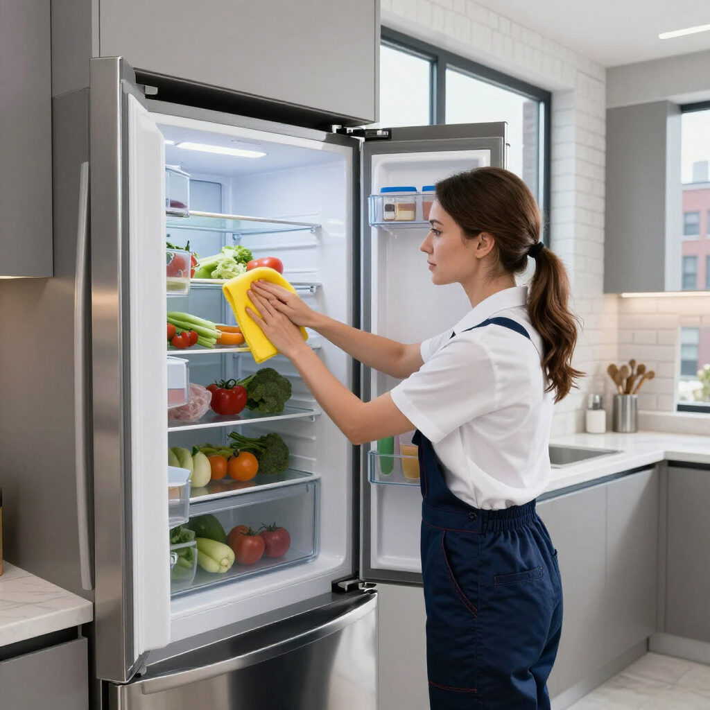 Woman wiping the inside of an open stainless steel refrigerator in a bright kitchen
