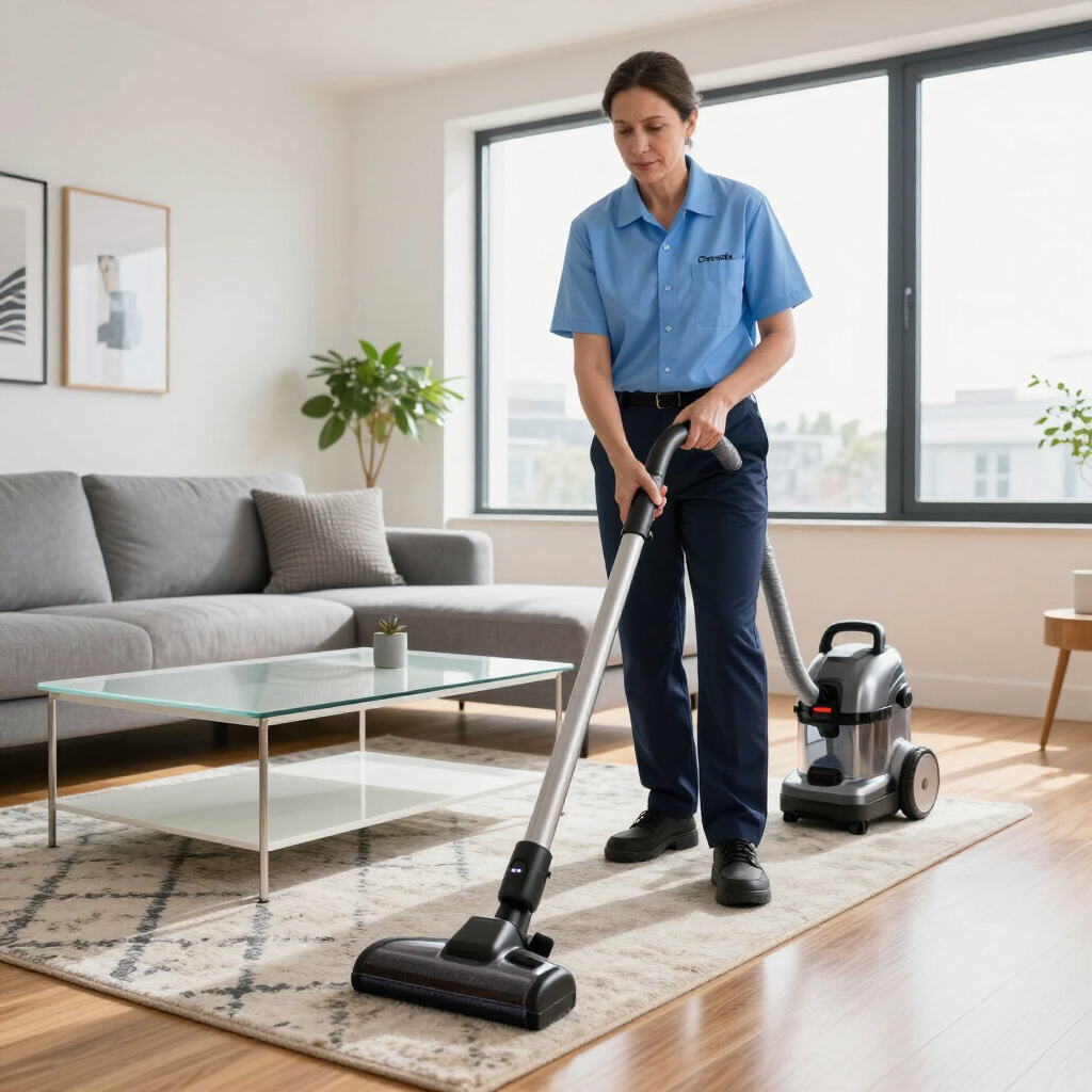 Person vacuuming a rug in a bright living room beside a gray couch and coffee table