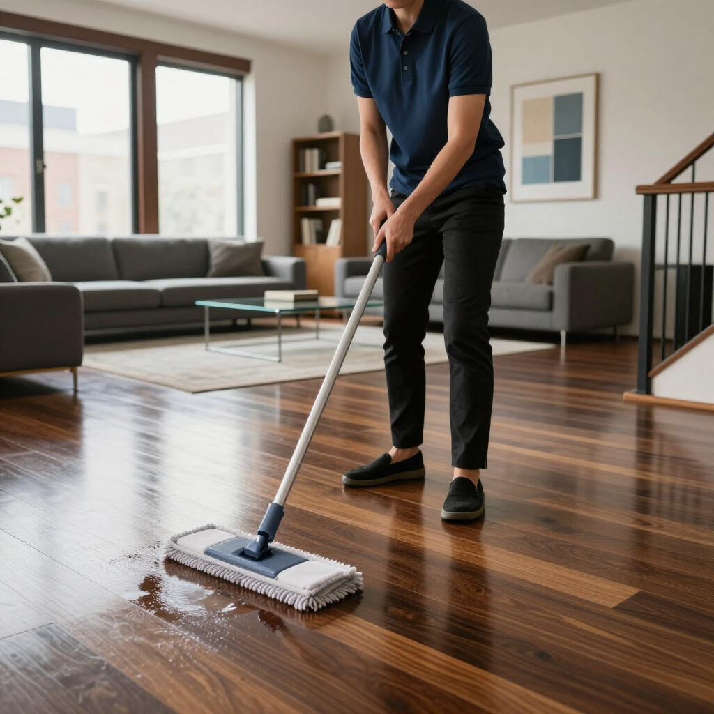 Person mopping a glossy wooden floor in a modern living room