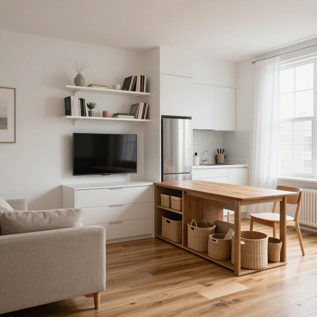 Bright minimalist living room with TV, shelves, wooden dining table, and large window