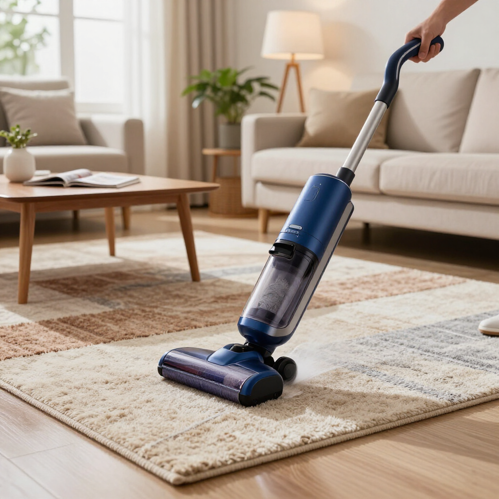 Cordless vacuum cleaning a light rug in a bright living room