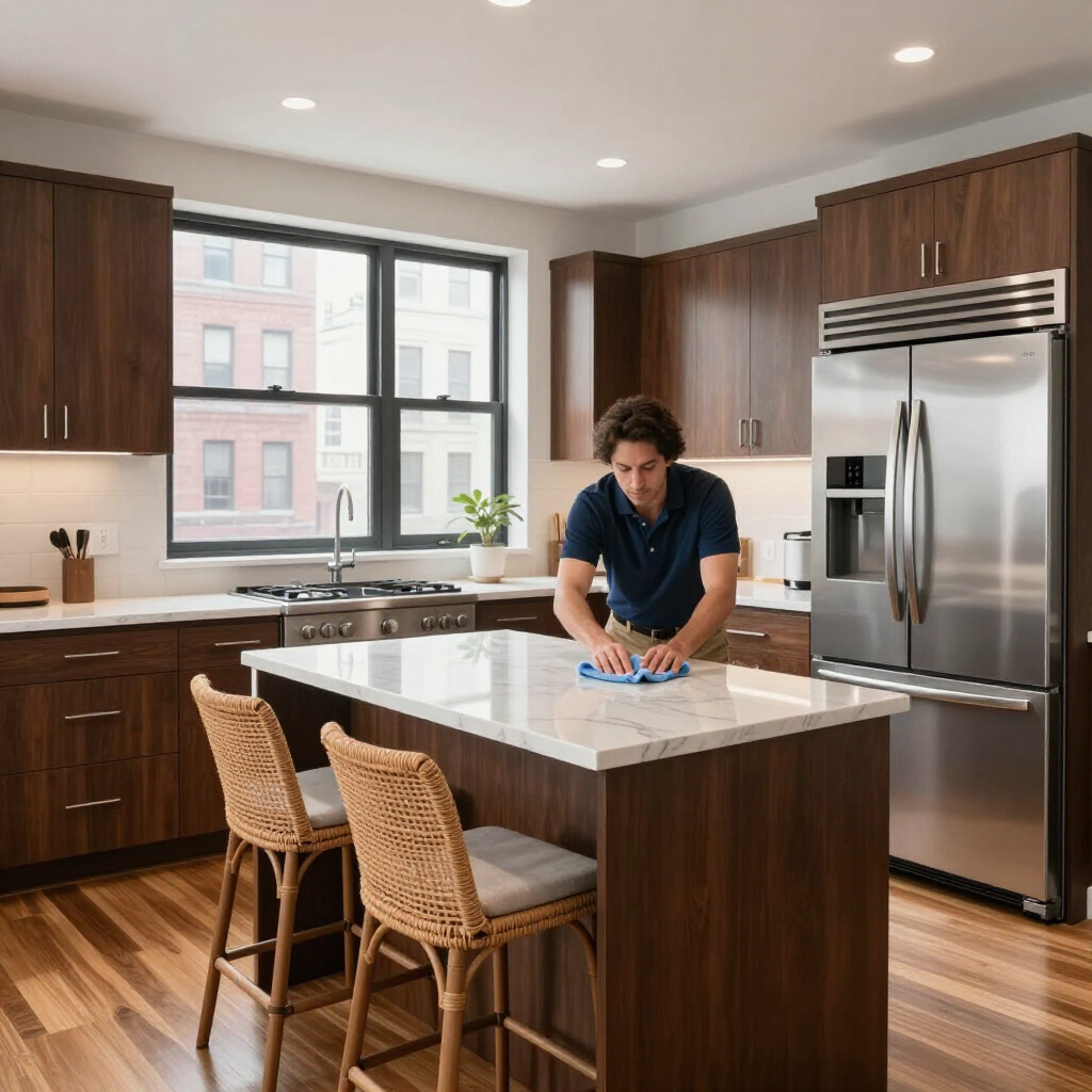 Person cleaning a white kitchen island in a modern kitchen with dark wood cabinets and stainless steel appliances