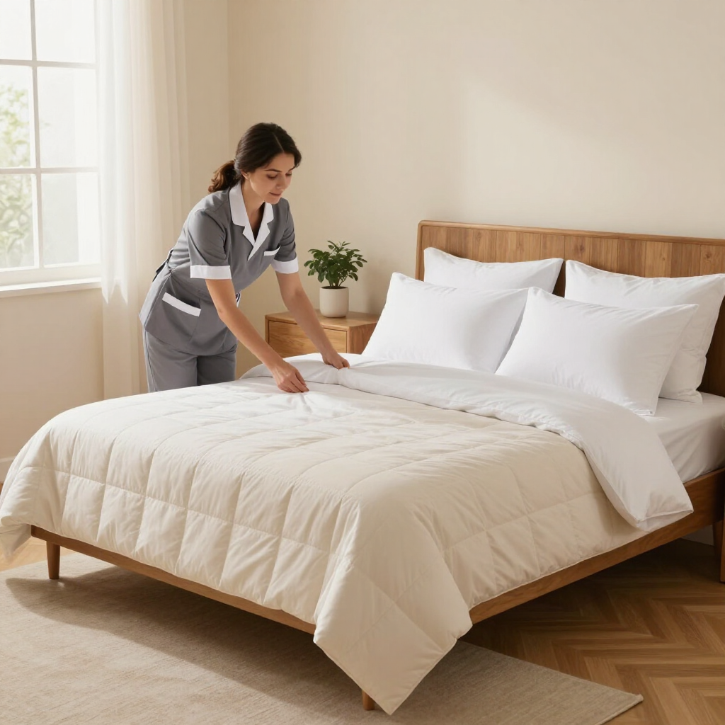 Housekeeper making a bed in a bright bedroom with white bedding and a wooden headboard