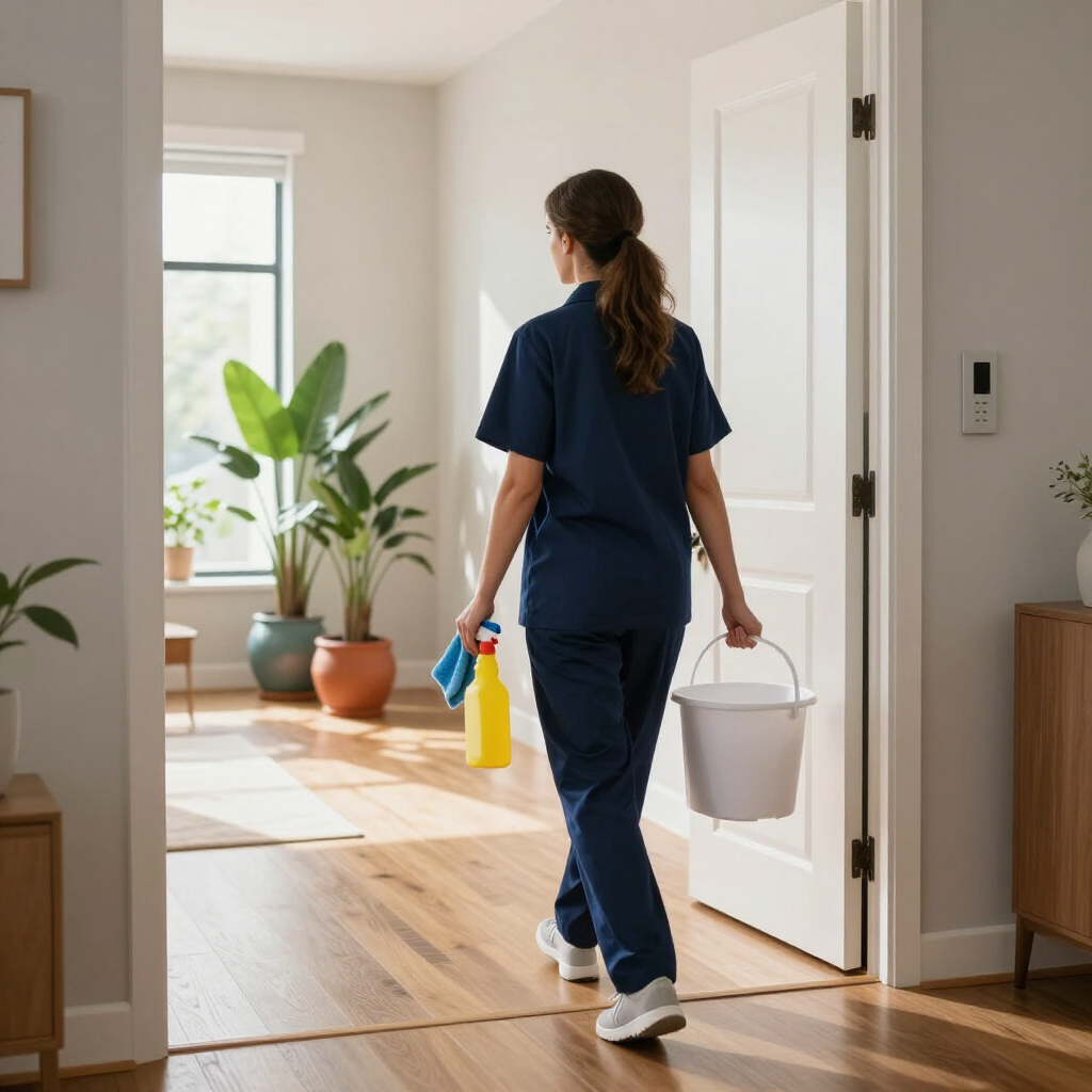 Person in navy scrubs carrying cleaning supplies and a bucket in a sunlit room with plants