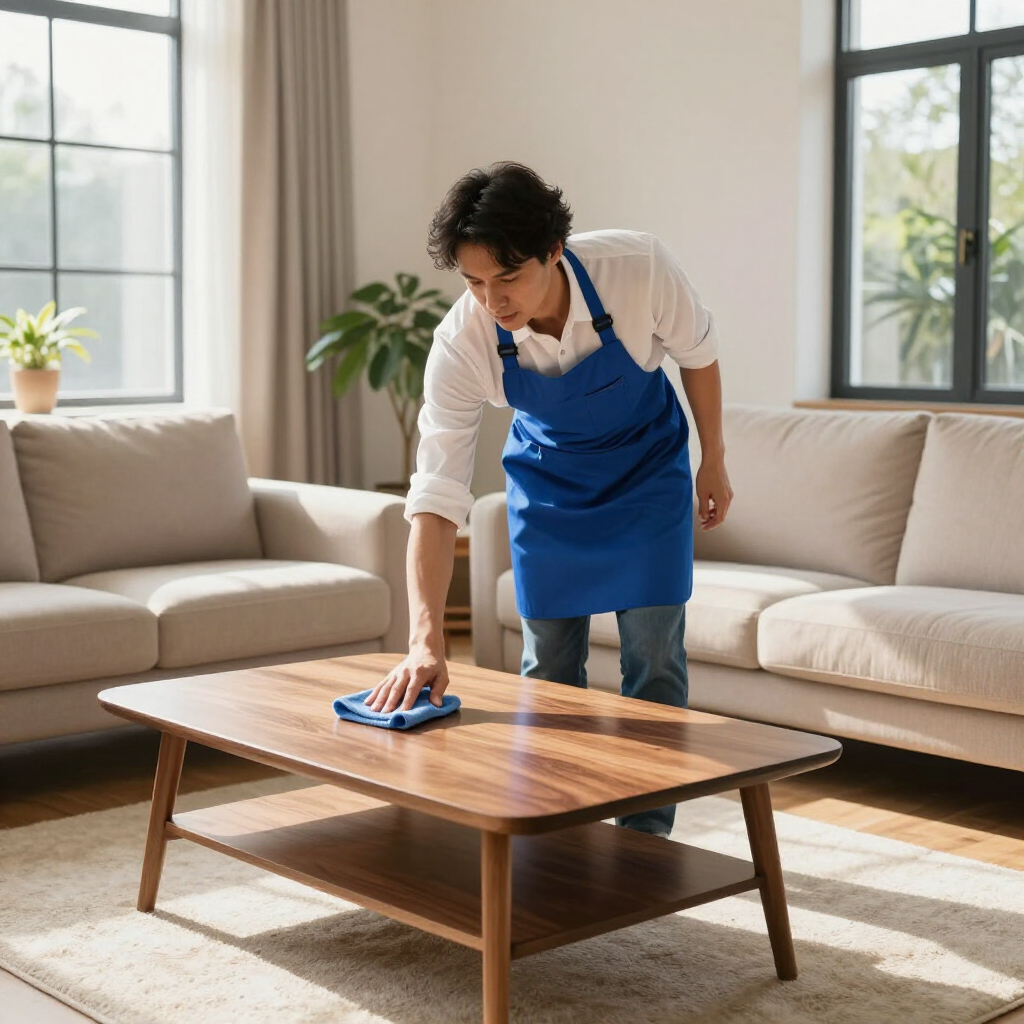 Person in a blue apron wipes a wooden coffee table in a bright living room.