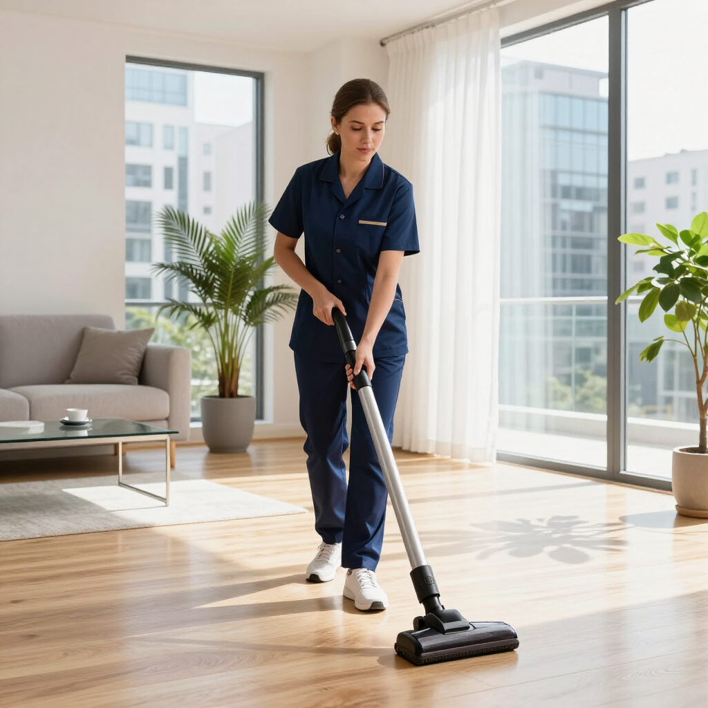 Cleaner vacuuming a bright living room with large windows and potted plants