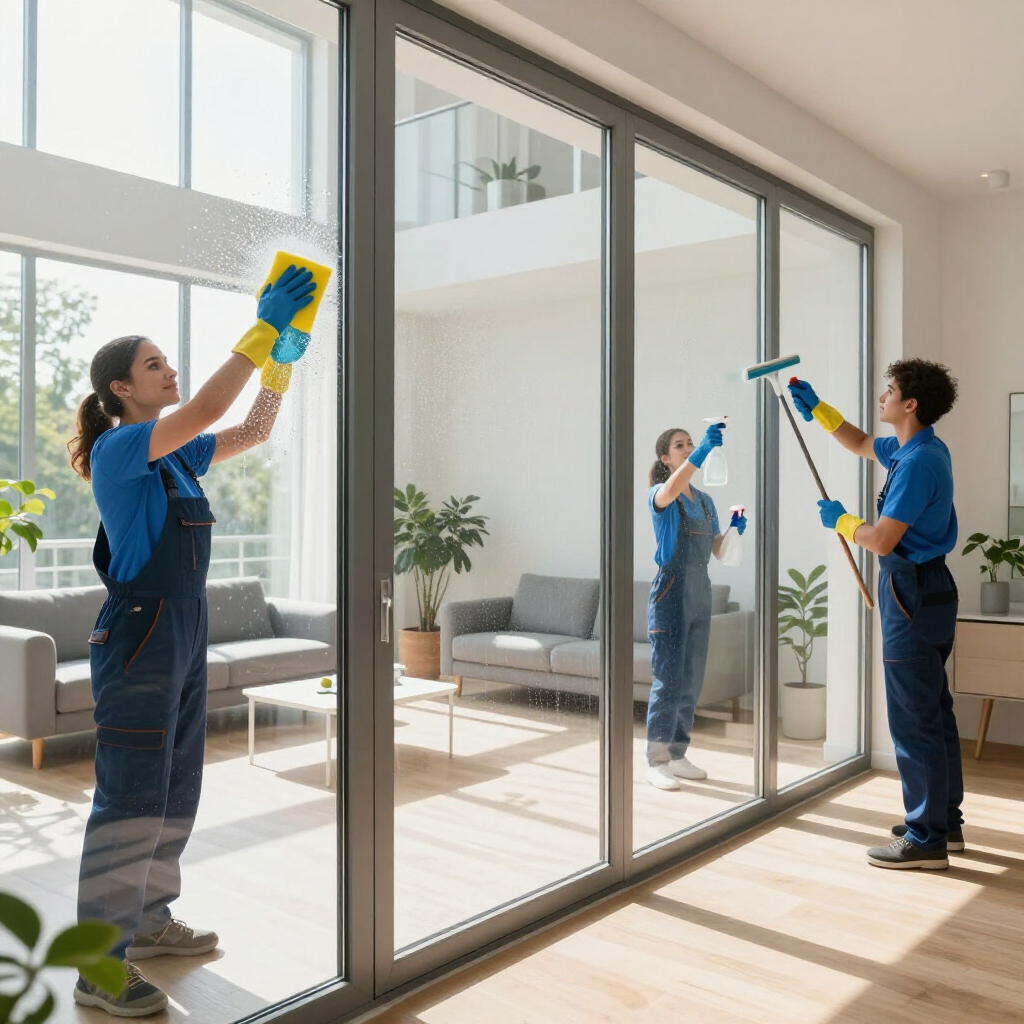 Two cleaners washing large glass sliding doors in a bright modern living room