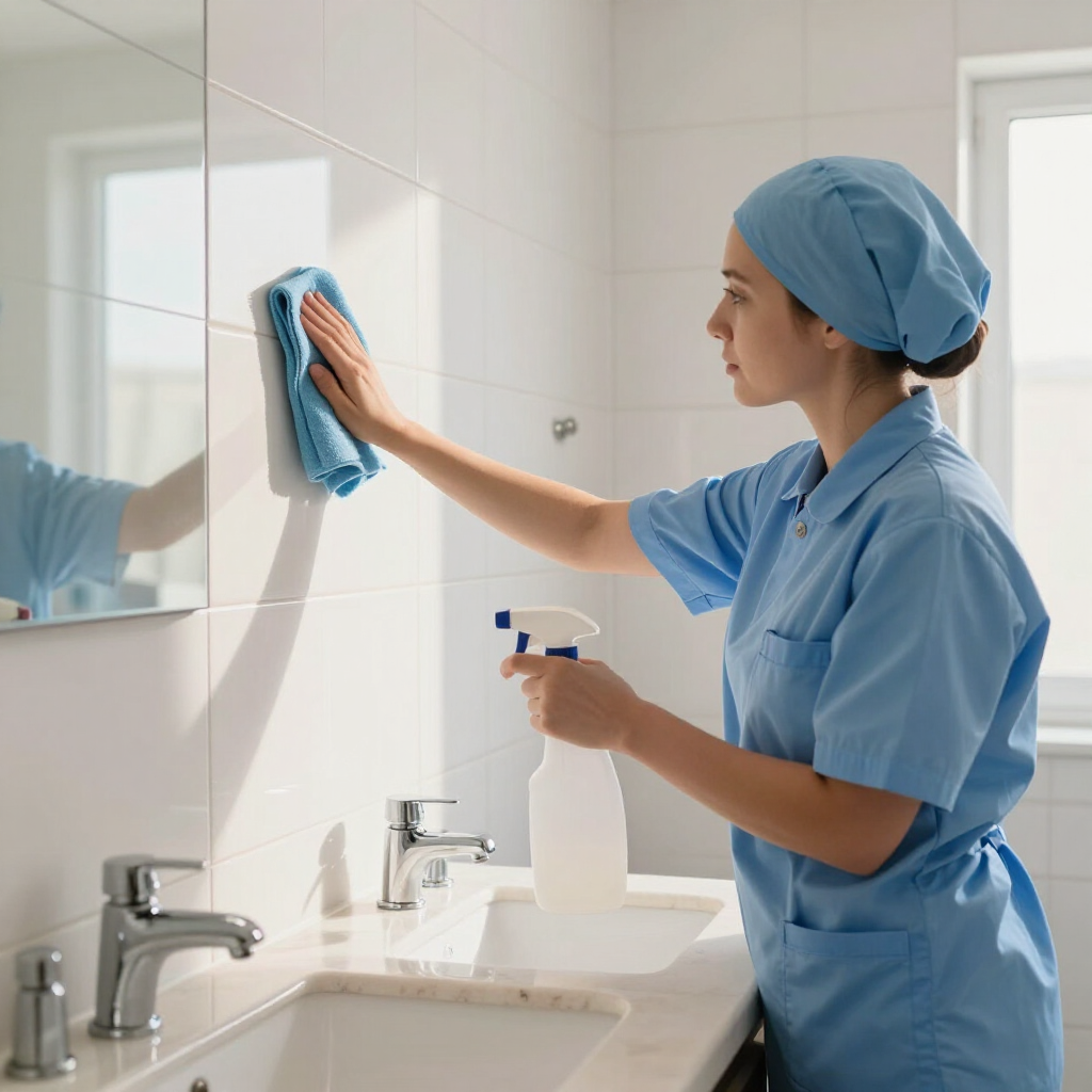 Nurse in blue scrubs cleaning a bathroom mirror with a cloth and spray bottle