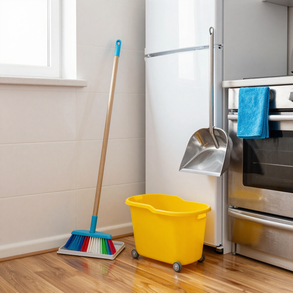 Kitchen cleaning tools: mop, yellow bucket, dustpan, and oven with a blue towel hanging nearby
