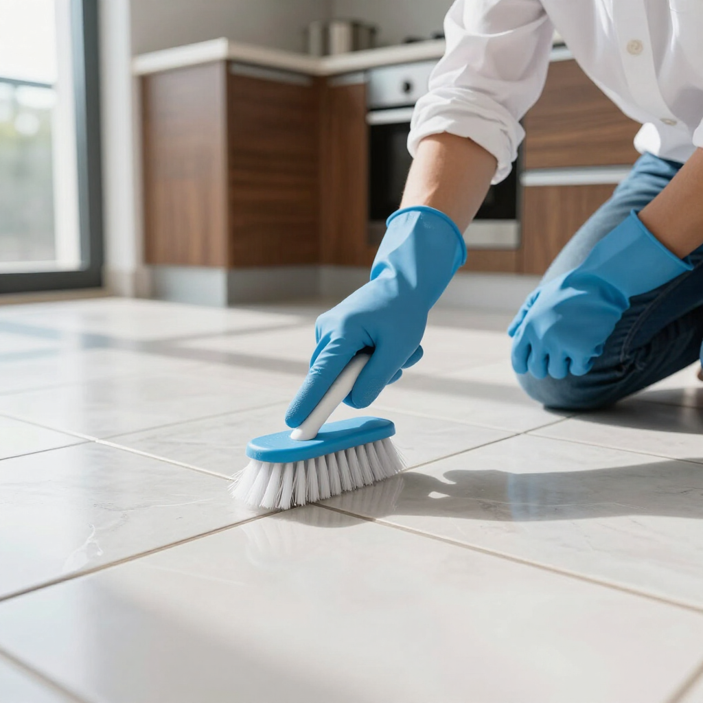 Person in blue gloves scrubbing white tile floor with a brush in a bright kitchen