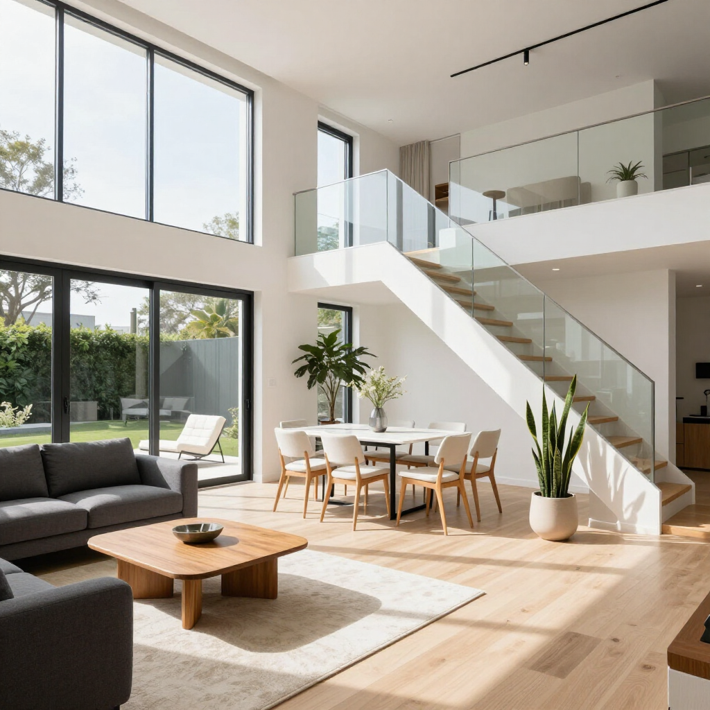 Bright modern living room with tall windows, staircase, sofa, dining table, and indoor plants