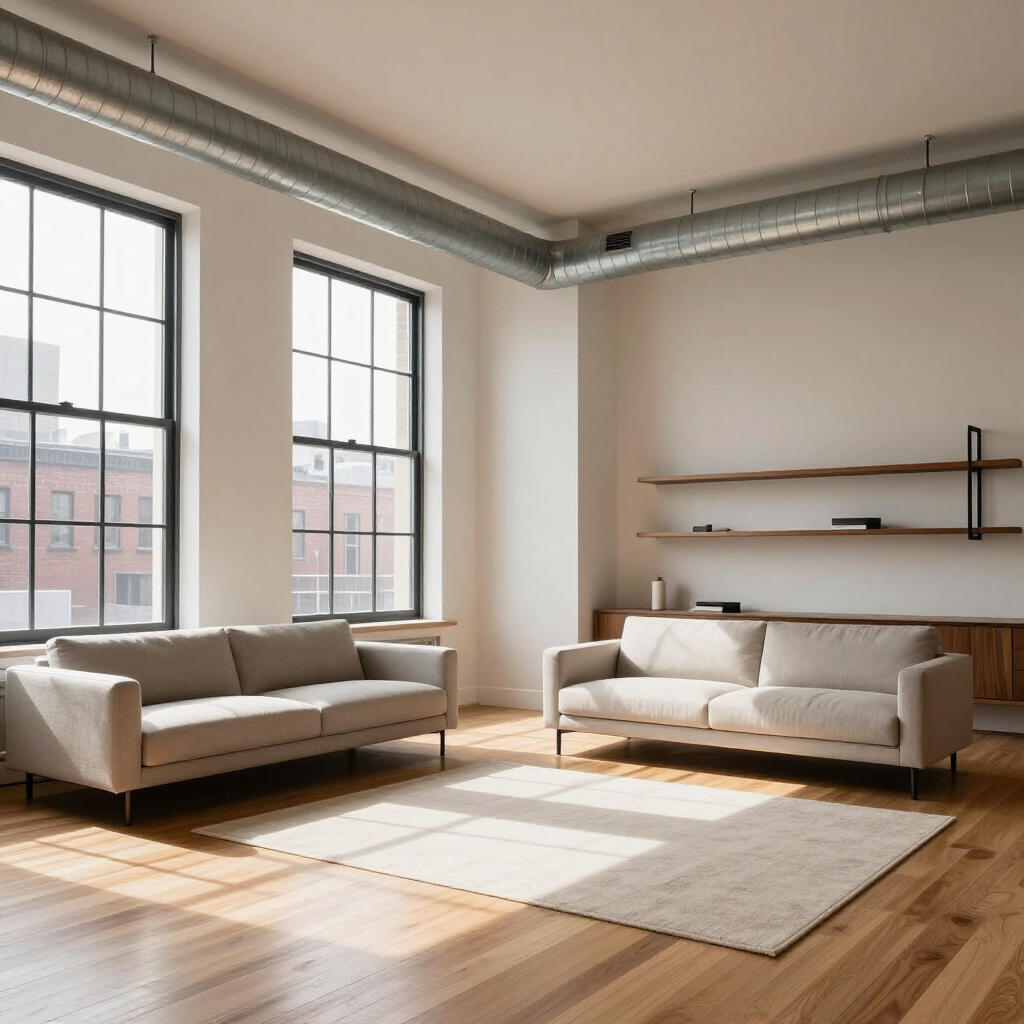 Bright, modern living room with two beige sofas, large windows, wood floors, and a minimalist rug and shelves.