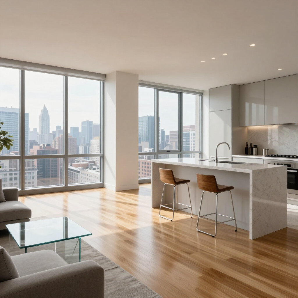 Bright modern apartment with large windows, city view, kitchen island, and sunlit hardwood floors